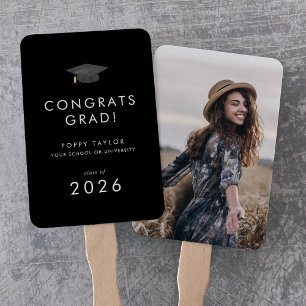 Chic Dark Black Congrats Grad Cap Photo Graduation Hand Fan