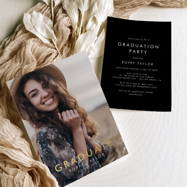 Chic Dark Black Gold Foil Photo Graduation Party (Creator Uploaded)