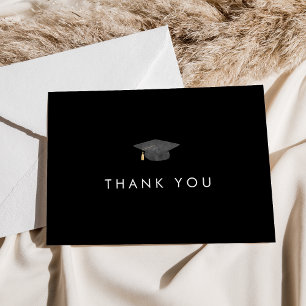 Chic Dark Black Grad Cap Graduation Thank You Card