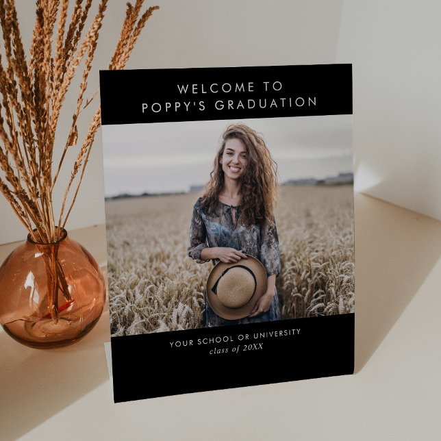 Chic Dark Black Photo Graduation Party Welcome Pedestal Sign (Creator Uploaded)