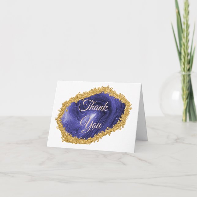 Chic Dark Blue Agate Gold Gilded Thank You  Card (Front)