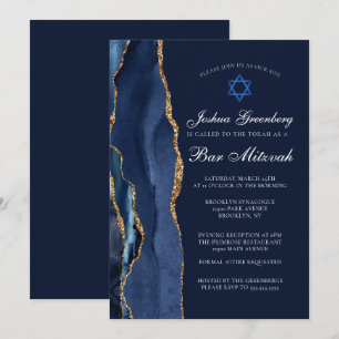Chic Dark Blue Gold Agate Bar Mitzvah Party Invitation