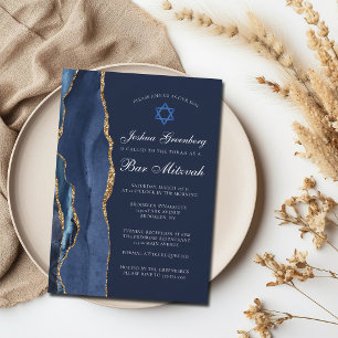Chic Dark Blue Gold Agate Bar Mitzvah Party Invitation