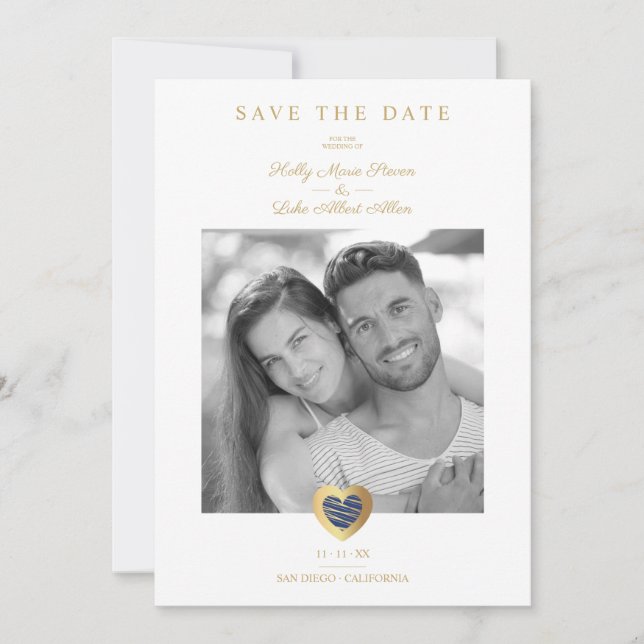 Chic Dark Blue & Gold Heart Photo Couple Wedding Save The Date (Front)