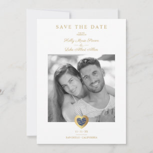Chic Dark Blue & Gold Heart Photo Couple Wedding Save The Date