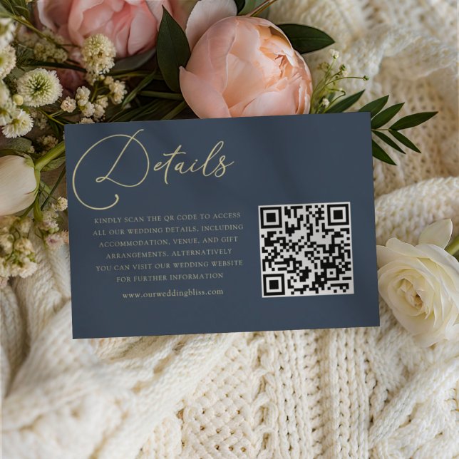 Chic Dark Blue & Gold QR Code Wedding Details Enclosure Card (Creator Uploaded)