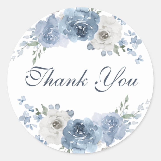 Chic  Dark Blue Ivory Floral Wedding Thank You Classic Round Sticker (Front)