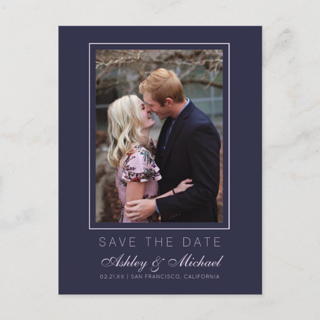 Chic Dark Blue Pink Save the Date Engagement Photo Announcement Postcard (Front)