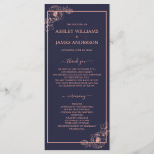 Chic Dark Blue Rose Gold Floral Outline Wedding Programme