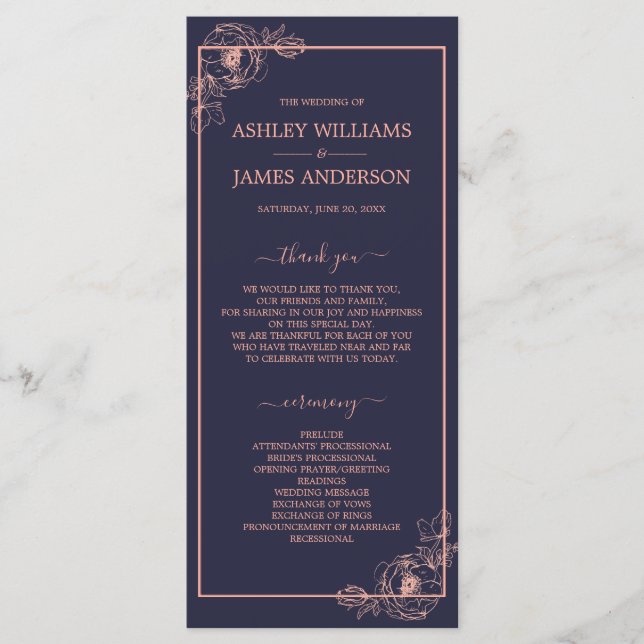 Chic Dark Blue Rose Gold Floral Outline Wedding Programme (Front)