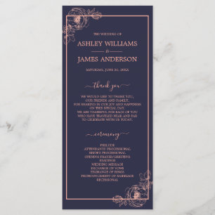 Chic Dark Blue Rose Gold Floral Outline Wedding Programme