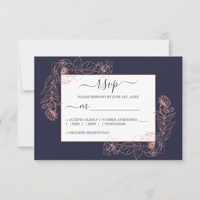 Chic Dark Blue Rose Gold Floral Outline Wedding RSVP Card (Front)