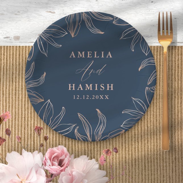 Chic Dark Blue & Rose Gold Foliage Wedding Paper Plate (Creator Uploaded)