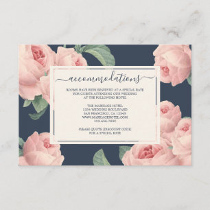 Chic Dark Blue Vintage Pink Rose Floral Wedding Enclosure Card