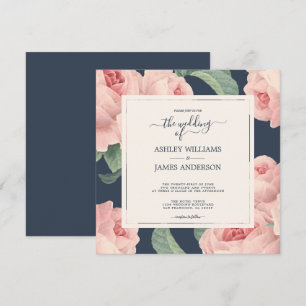 Chic Dark Blue Vintage Pink Rose Floral Wedding Invitation