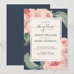 Chic Dark Blue Vintage Pink Rose Floral Wedding Invitation