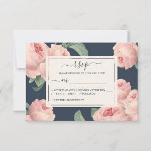 Chic Dark Blue Vintage Pink Rose Wedding RSVP Card