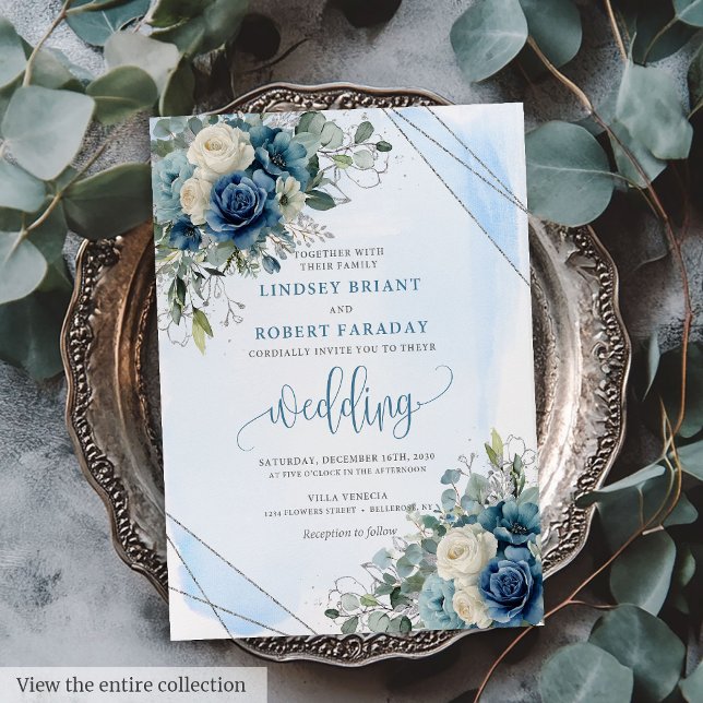 Chic Dark Blue White Silver Wedding Invitation  (Chic Dark Blue White Silver Wedding Invitation Card)