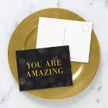 Chic Dark Bokeh Lights Faux Gold You Are Amazing Postcard<br><div class="desc">Chic motivational postcard featuring the words "You Are Amazing" in faux gold foil against a dark bokeh lights pattern background. To add text to the the card click the "Customise" button. *Please note that the Zazzle Watermark that appears in the zoom preview will NOT appear on the final printed product....</div>