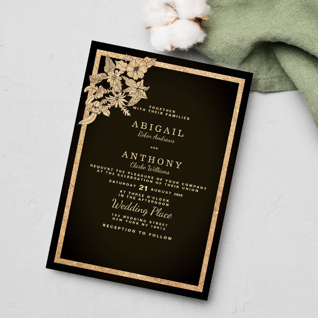 Chic dark brown gold glitter floral Wedding Invitation (Chic dark brown gold glitter floral Wedding )