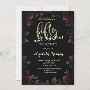 Chic Dark Burgundy Roses Black 50th Birthday Invitation
