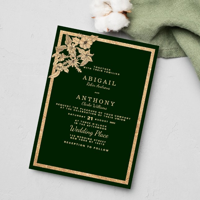 Chic dark forest green gold glitter floral Wedding Invitation (Chic dark forest green gold glitterChic dark forest green gold glitter fl floral Wedding Invitation )