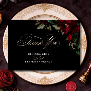 Chic dark gothic green red floral moody wedding thank you card