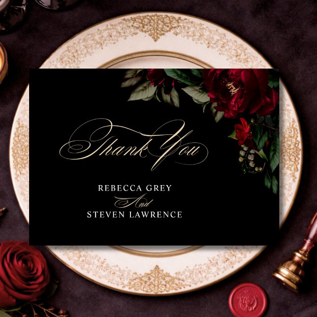Chic dark gothic green red floral moody wedding thank you card (Creator Uploaded)