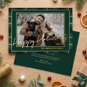 Chic Dark Green Blue Plaid Gold Foil Family Photo Holiday Card