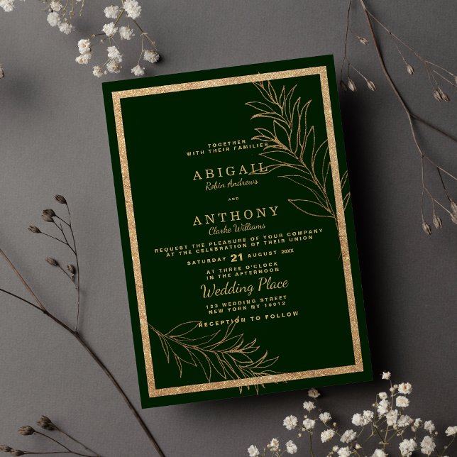 Chic dark green gold glitter leaf floral Wedding Invitation (Chic dark green gold glitter leaf floral Wedding )