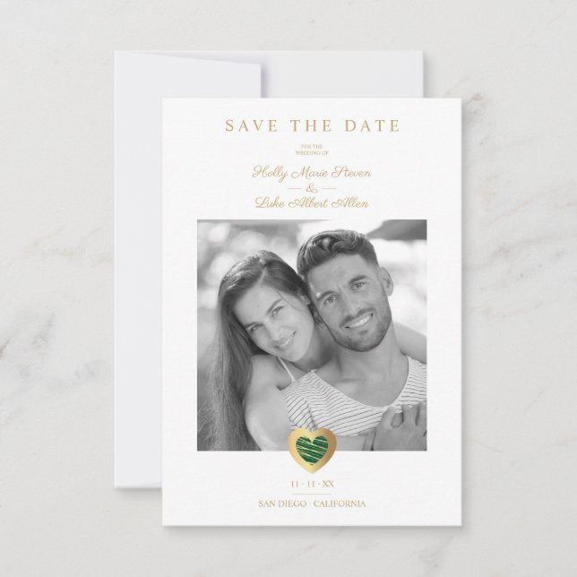 Chic Dark Green & Gold Heart Photo Couple Wedding Save The Date (Front)
