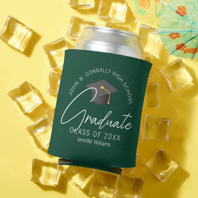 Chic Dark Green Graduate Custom Graduation Party Can Cooler (In Situ Summer)