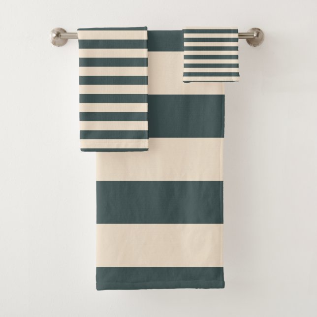 Chic Dark Green Off-White Striped pattern Bath Towel Set (Insitu)