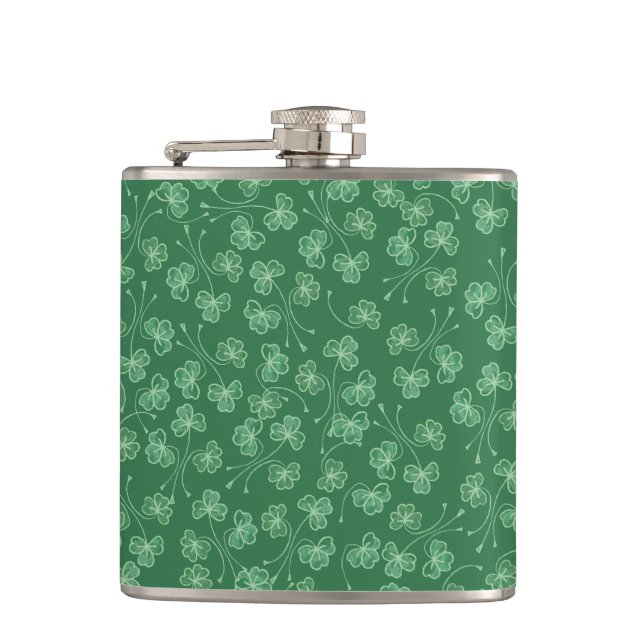 Chic Dark Green Shamrocks Ditsy Pattern Hip Flask (Front)