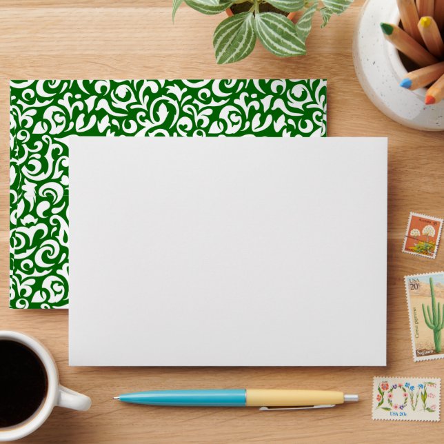 Chic Dark Green White Damask Floral Art Pattern Envelope (Desk)