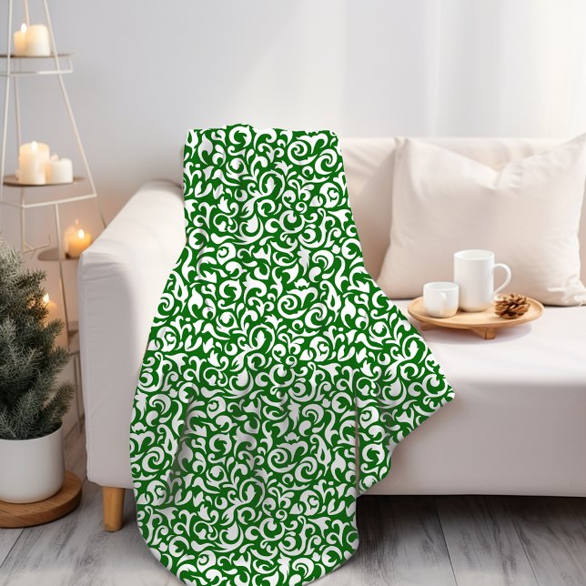 Chic Dark Green White Damask Floral Art Pattern Fleece Blanket (Creator Uploaded)
