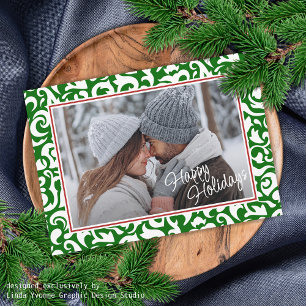 Chic Dark Green White Damask Floral Art Pattern Holiday Card