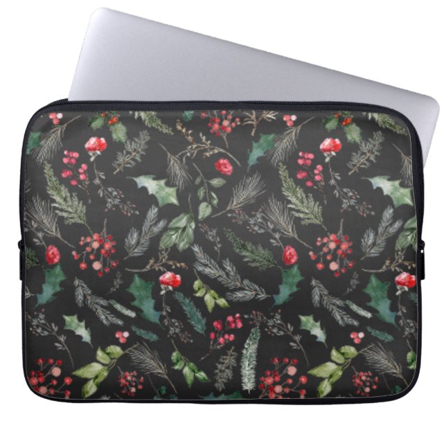Chic Dark Grey Christmas Botanical Foliage Pattern Laptop Sleeve (Front)