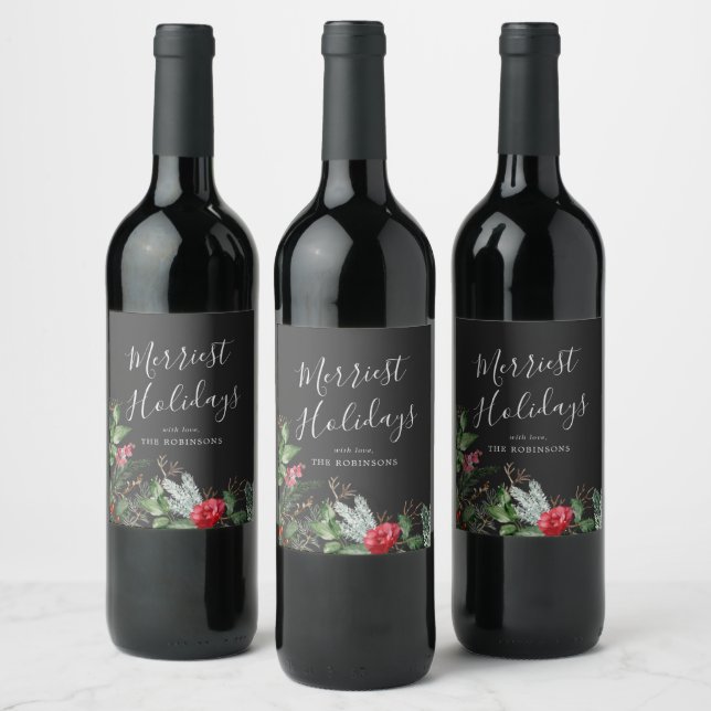 Chic Dark Grey Christmas Winter Botanical Greenery Wine Label (Bottles)