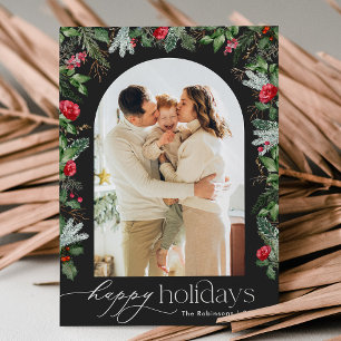 Chic Dark Grey Modern Botanical Arch 1 Photo Holiday Card