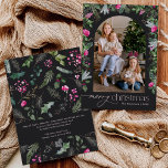 Chic Dark Grey Pink Botanical Arch Christmas Photo Holiday Card<br><div class="desc">This collection features watercolor bright pink florals,  berries & winter greenery with modern & elegant typography,  with a winter botanical pattern back.</div>