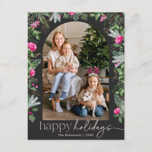 Chic Dark Grey Pink Greenery Arch 1 Photo Holiday Postcard
