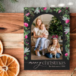 Chic Dark Grey Pink Greenery Arch Christmas Photo Holiday Card<br><div class="desc">This collection features watercolor bright pink florals,  berries & winter greenery with modern & elegant typography,  with a winter botanical pattern back.</div>