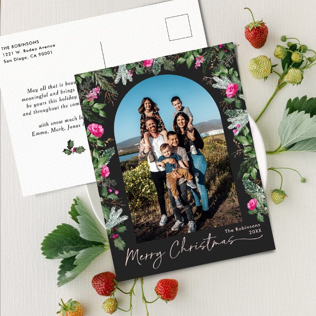 Chic Dark Grey Pink Greenery Arch Merry Christmas Postcard (Creator Uploaded)