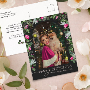 Chic Dark Grey Pink Greenery Arch Photo Christmas Postcard