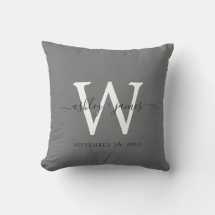 Chic Dark Grey White Monogram Wedding Keepsake Cushion