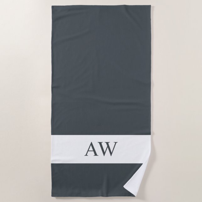 Chic Dark Grey White Monogrammed Beach Towel (Front)
