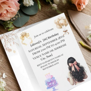 Chic Dark Hair Girl Sweet 16 Birthday Party Invita Invitation