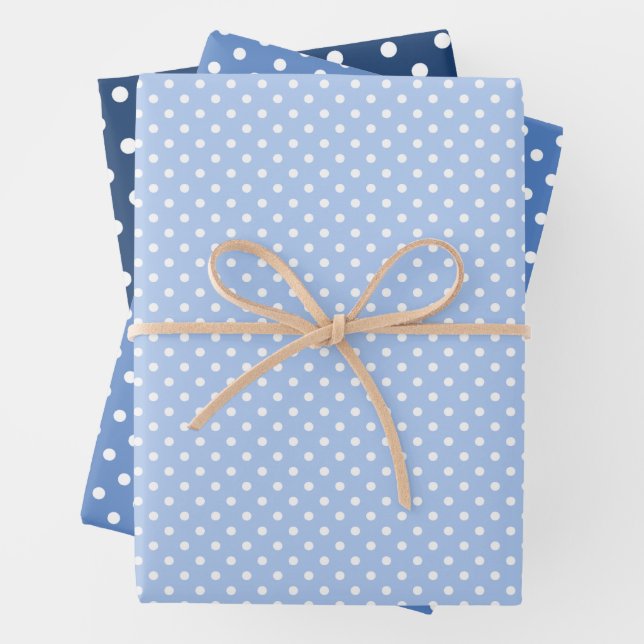 Chic Dark Light Blue White Polka Dots Pattern Wrapping Paper Sheet (In situ)