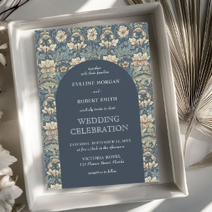 Chic dark pastel blue ivory floral Art Nouveau Invitation